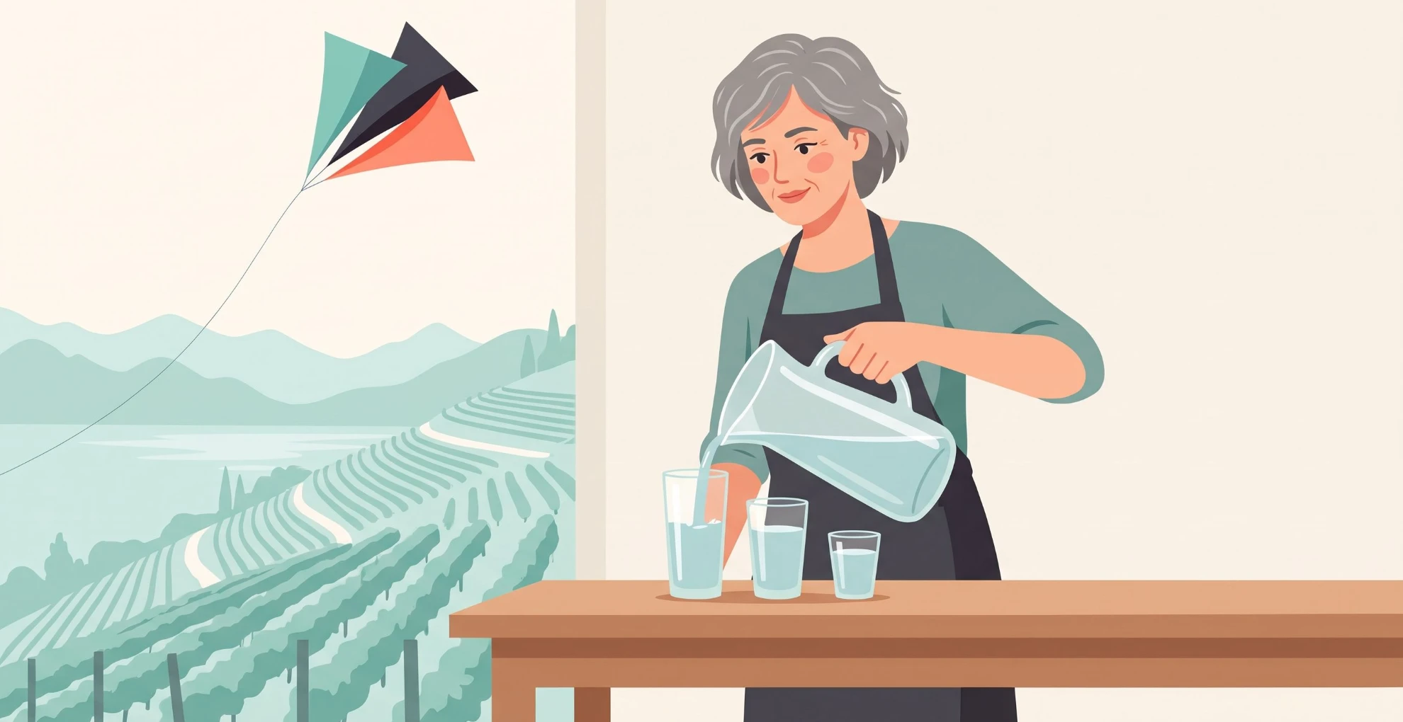 Une femme verse l'eau d'une carafe dans trois verres de tailles différentes