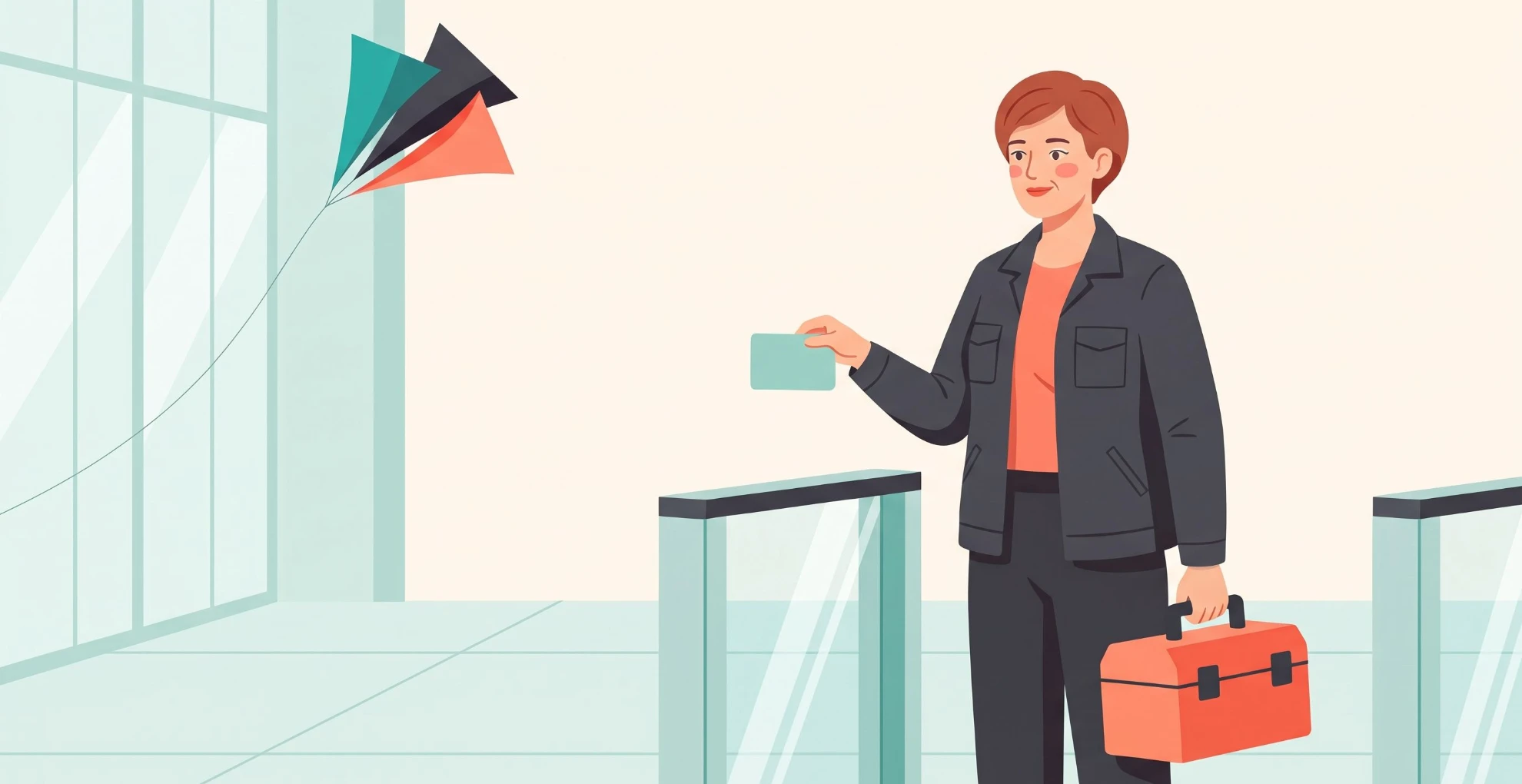 Une technicienne présente un badge au tourniquet d'un client, sa caisse à outils à la main