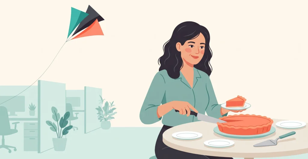 Une femme découpe une grande tarte et sert les parts dans des assiettes