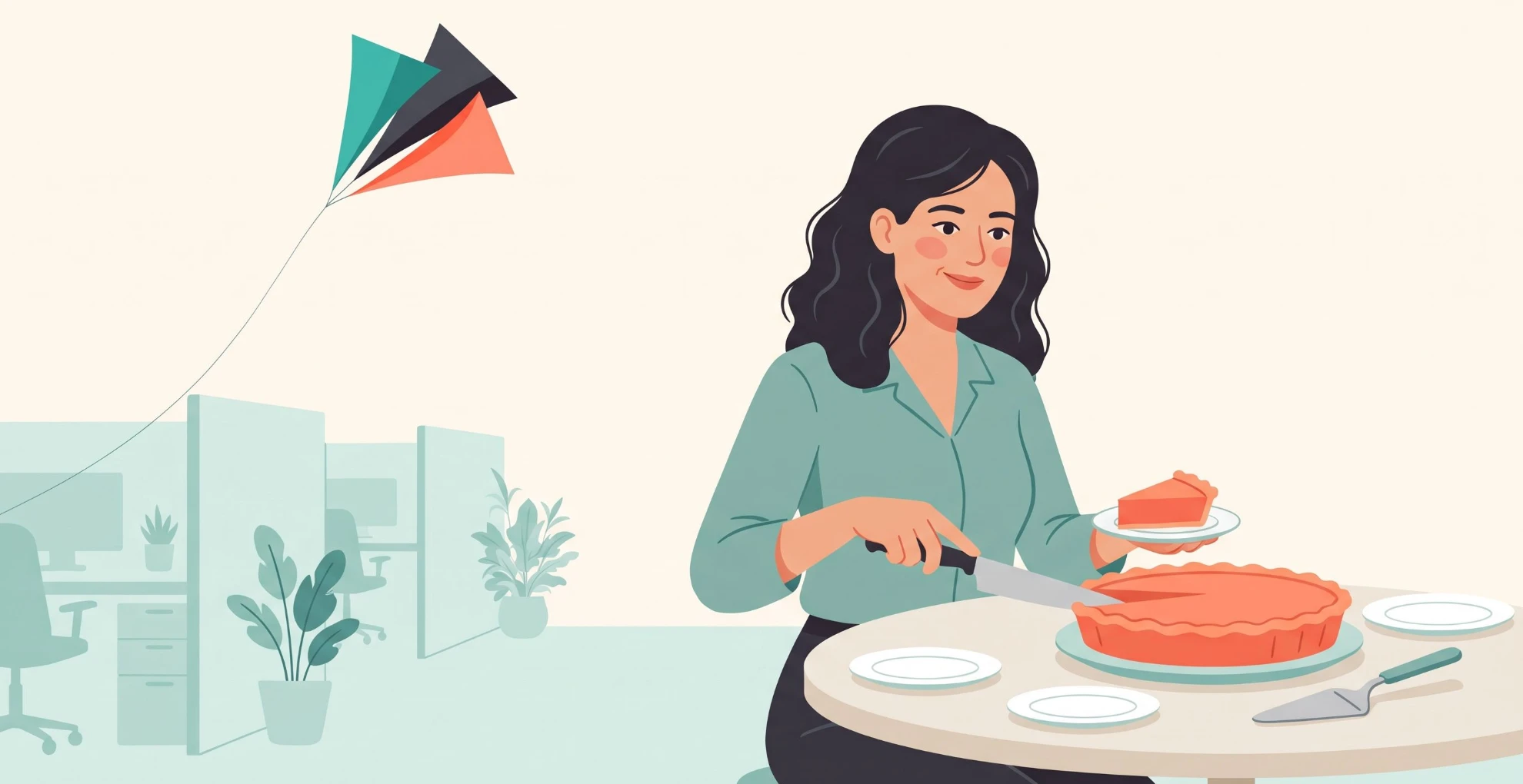 Une femme découpe une grande tarte et sert les parts dans des assiettes