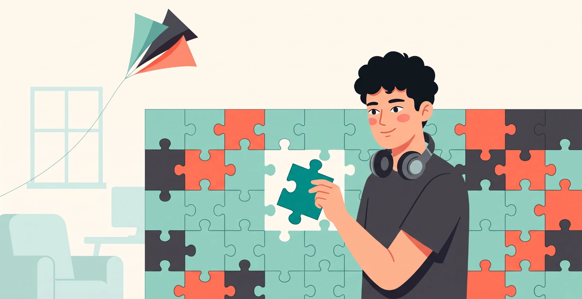 Un jeune développeur place une pièce dans un grand puzzle dont certaines pièces viennent d'ailleurs