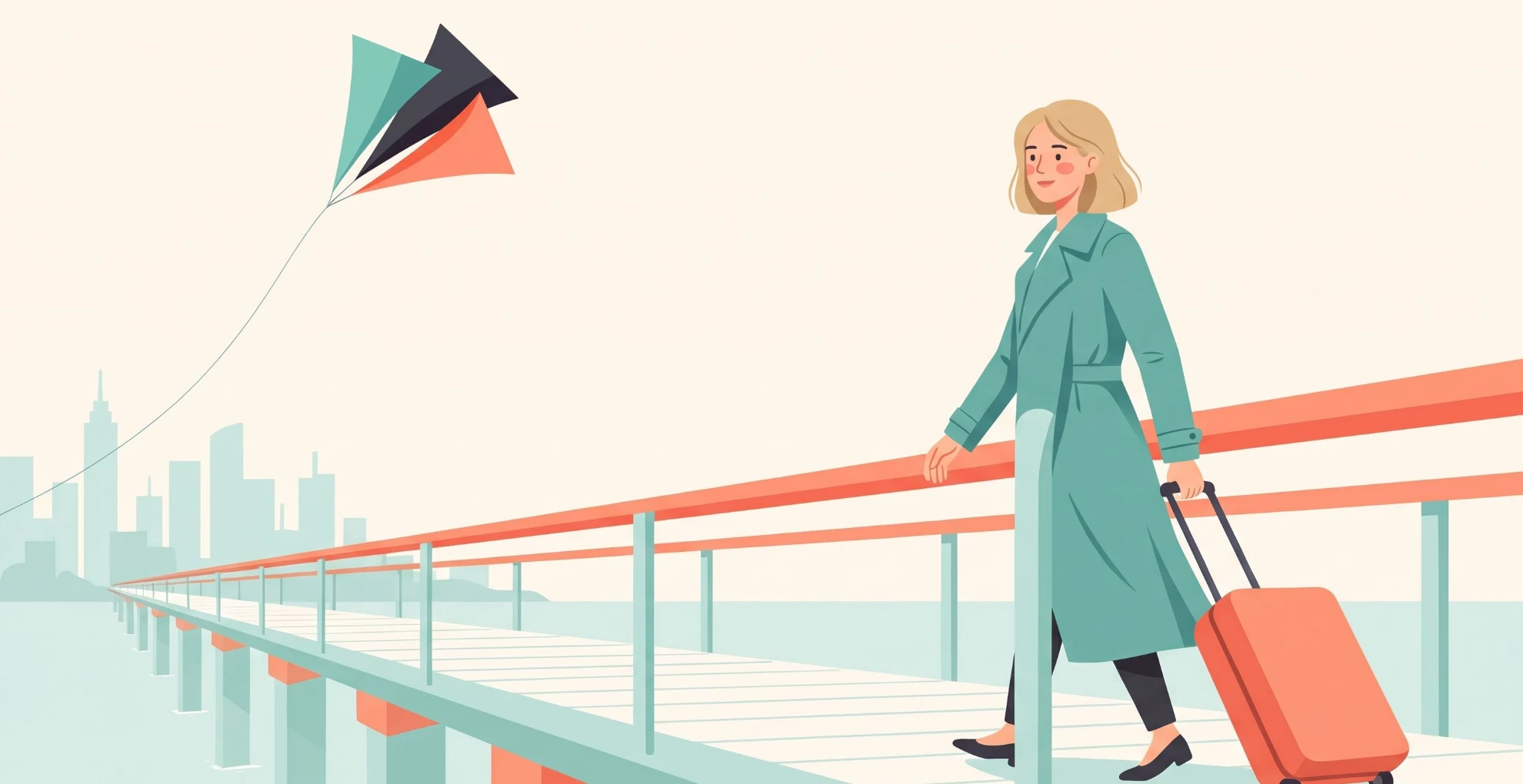 Une femme traverse un long pont avec sa valise vers une rive lointaine