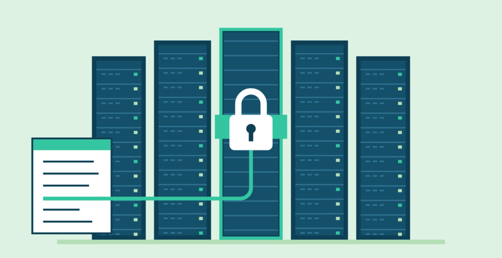 A row of deep-blue server racks with the centre rack padlocked, and a teal clause line running from a white contract page to the lock