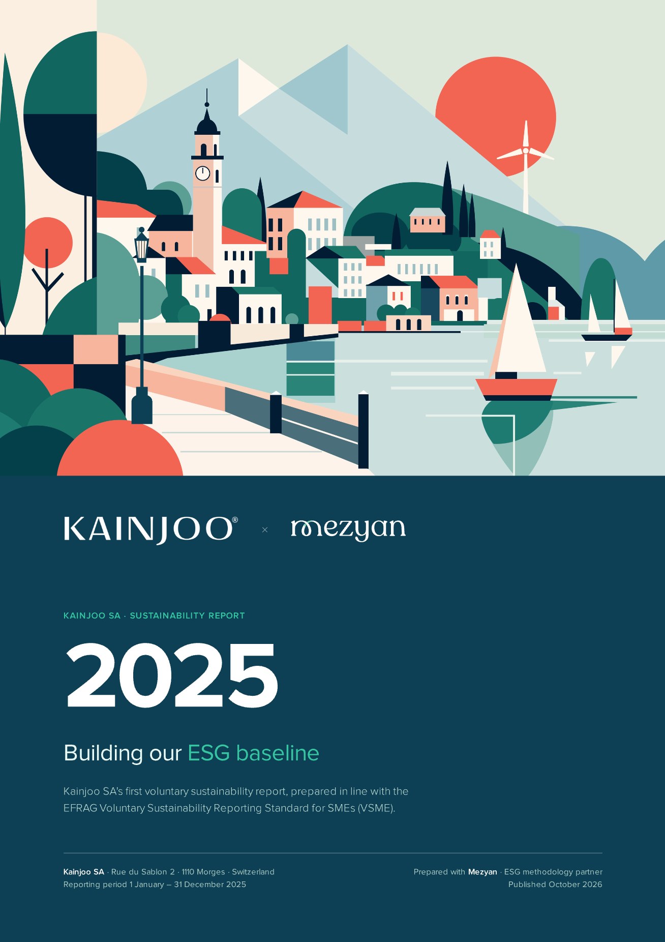 Cover of the Kainjoo SA × Mezyan Sustainability Report 2025, Building our ESG baseline, with an illustrated lakeside town and sailing boats