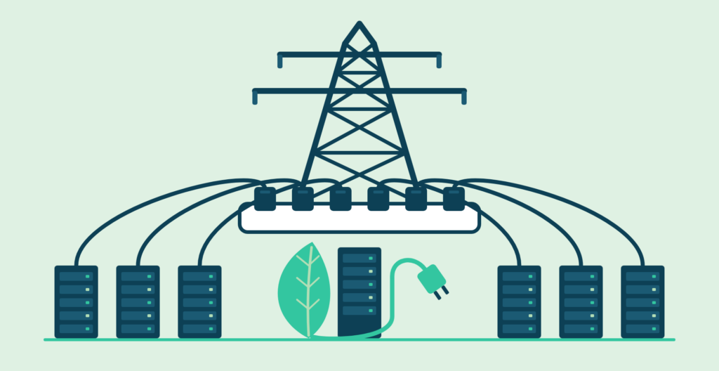 Flat illustration: server racks plugged into every socket of a power strip at the foot of an electricity pylon, while one rack with a green leaf holds a green plug that has no free socket.