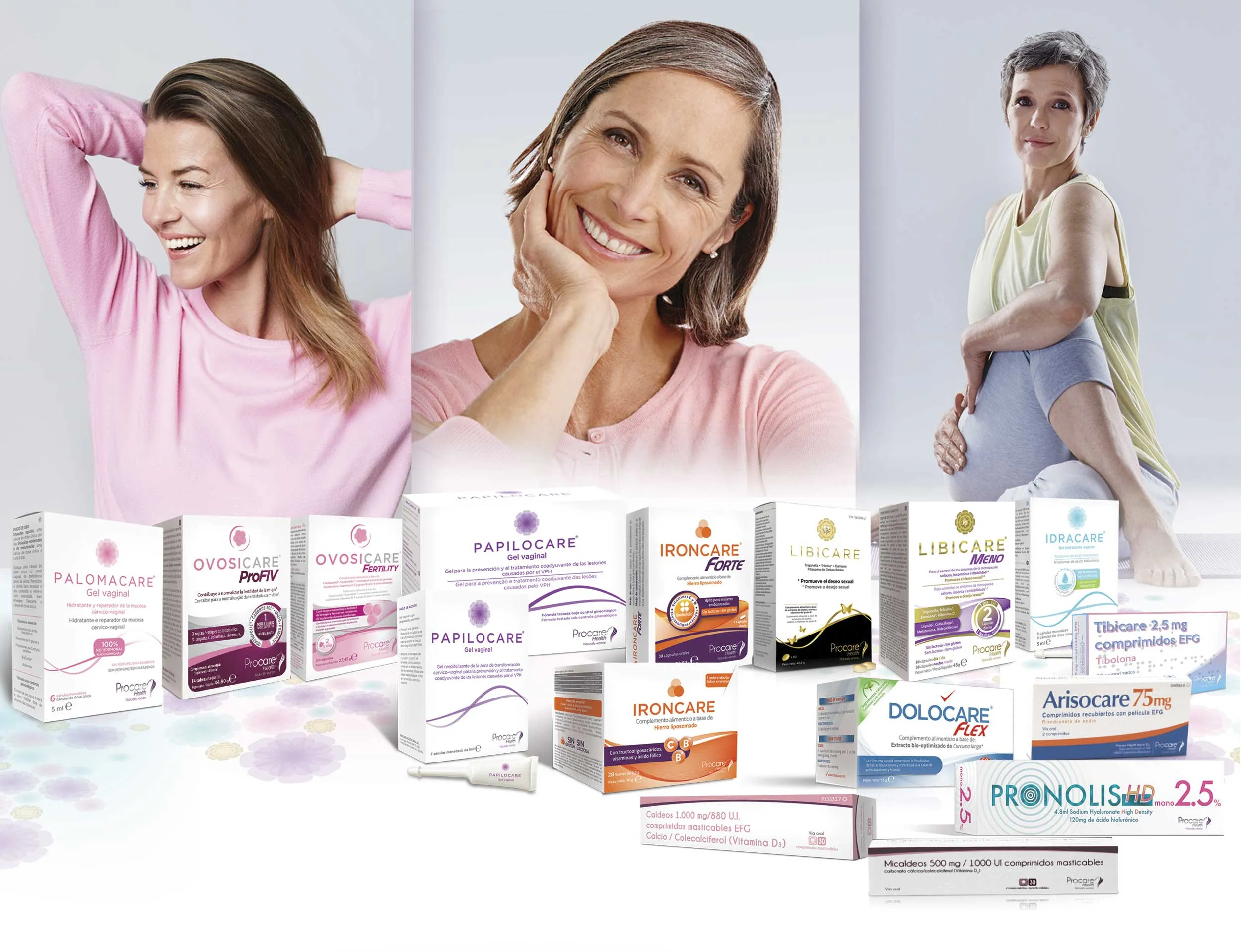 Health supplements and women smiling in wellness scene.