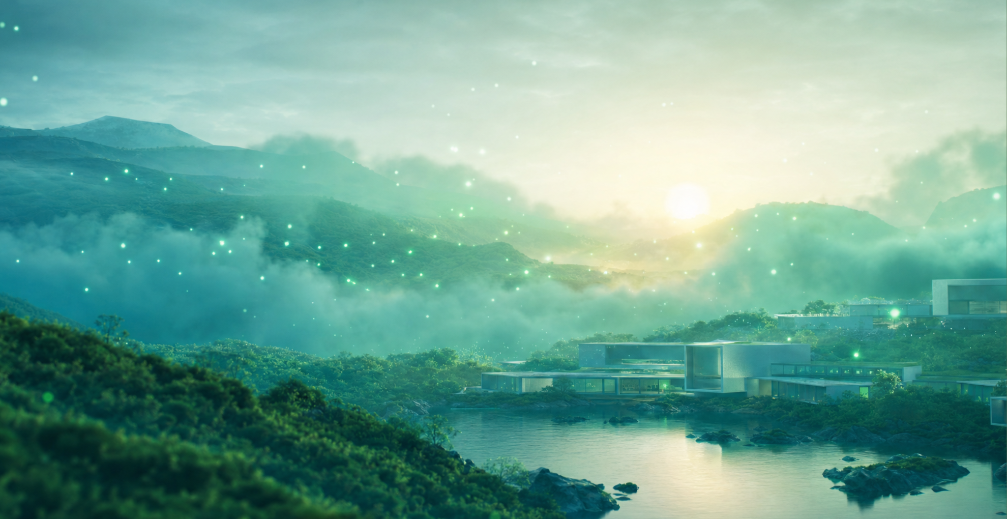 Atmospheric emerald-green and teal clouds over a calm landscape with drifting light particles — sustainability data and clarity