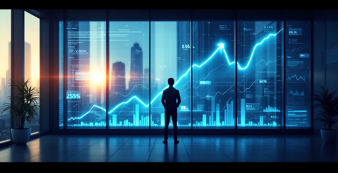 Abstract venture-capital data wall with one bright growth path among many faint ones