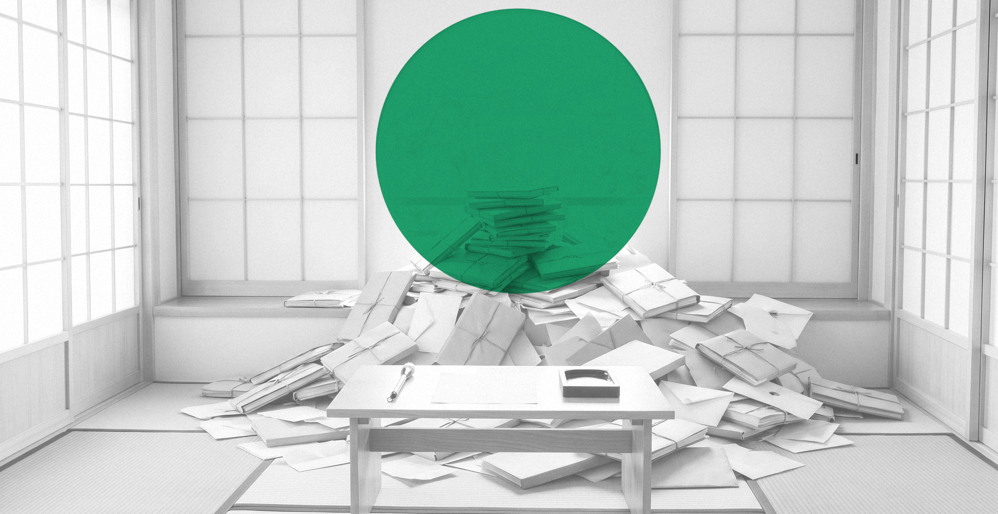 A centred stack of dossiers rising toward a green circle in a moon window above a small desk, black-and-white with a green duotone
