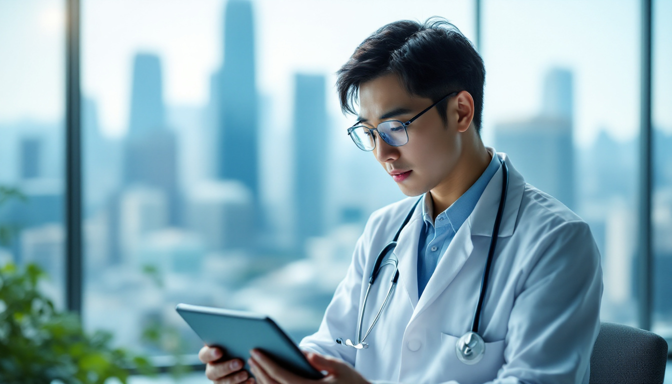 A scientist in a white coat reviewing a tablet with a Seoul skyline visible through glass