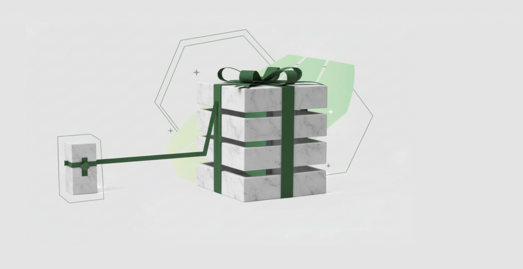 A white marble box tied with a deep-green ribbon, sliced into bands, pulled apart by a ribbon knotted to a separate marble block: a closed deal unwound from outside.