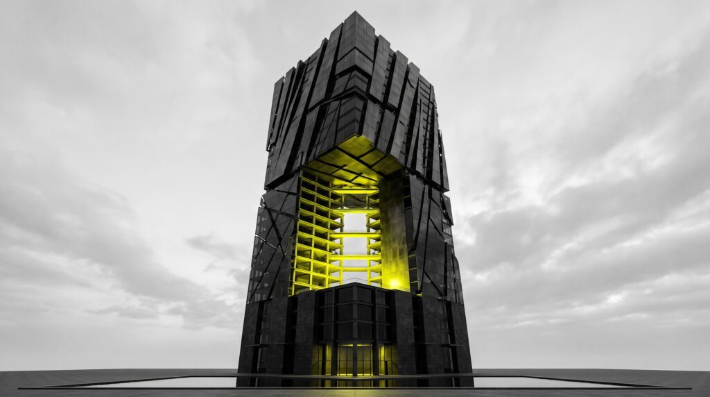 A black angular skyscraper in black and white, its hollow middle section glowing neon yellow