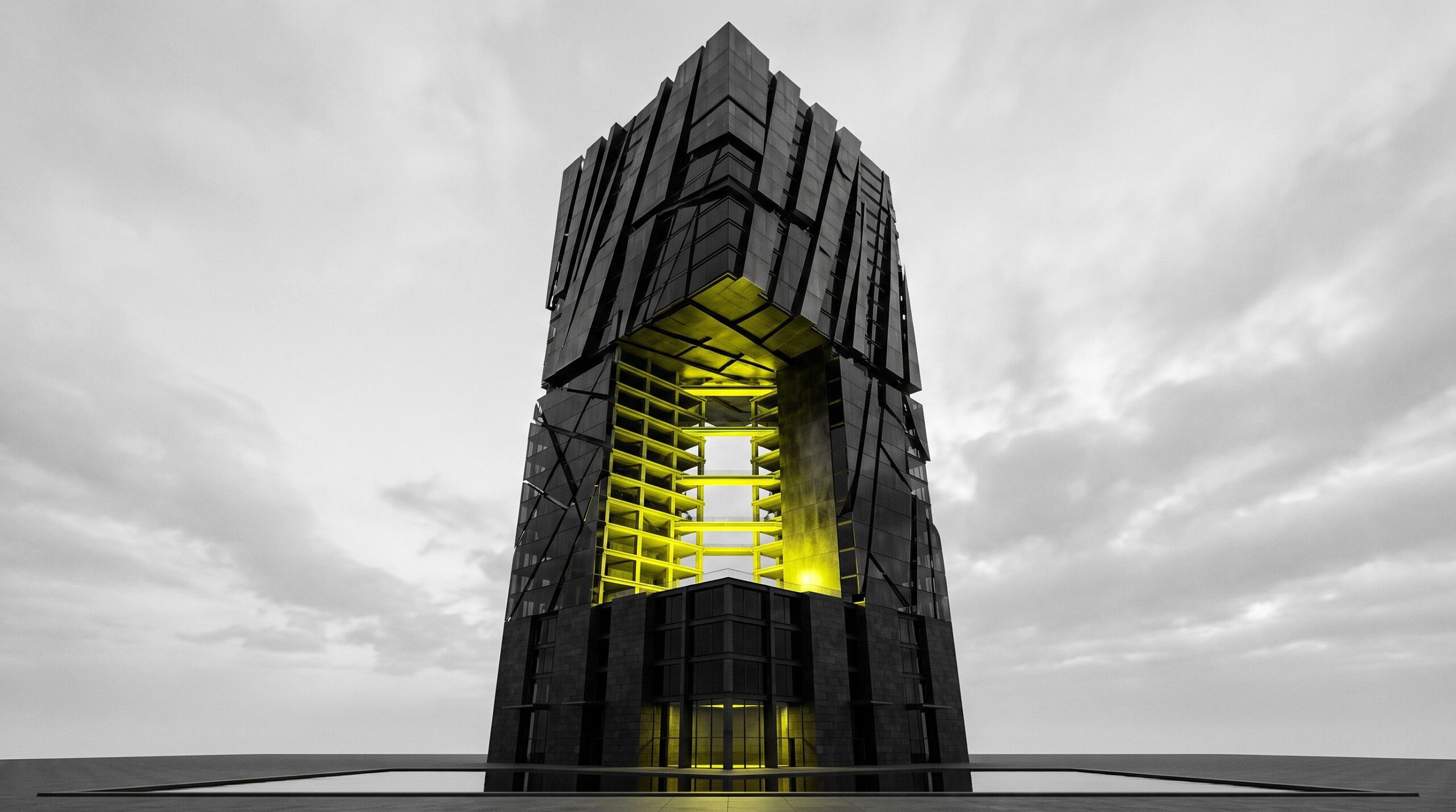 A black angular skyscraper in black and white, its hollow middle section glowing neon yellow