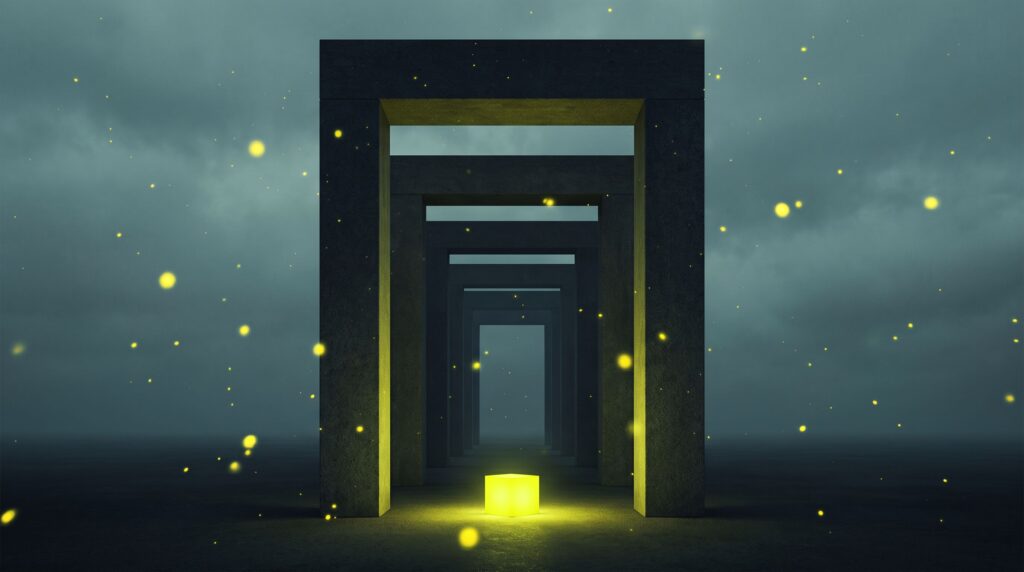 A glowing chartreuse cube waits before seven receding stone gateways under a slate sky, a metaphor for a product users love facing the organisation's approval gates