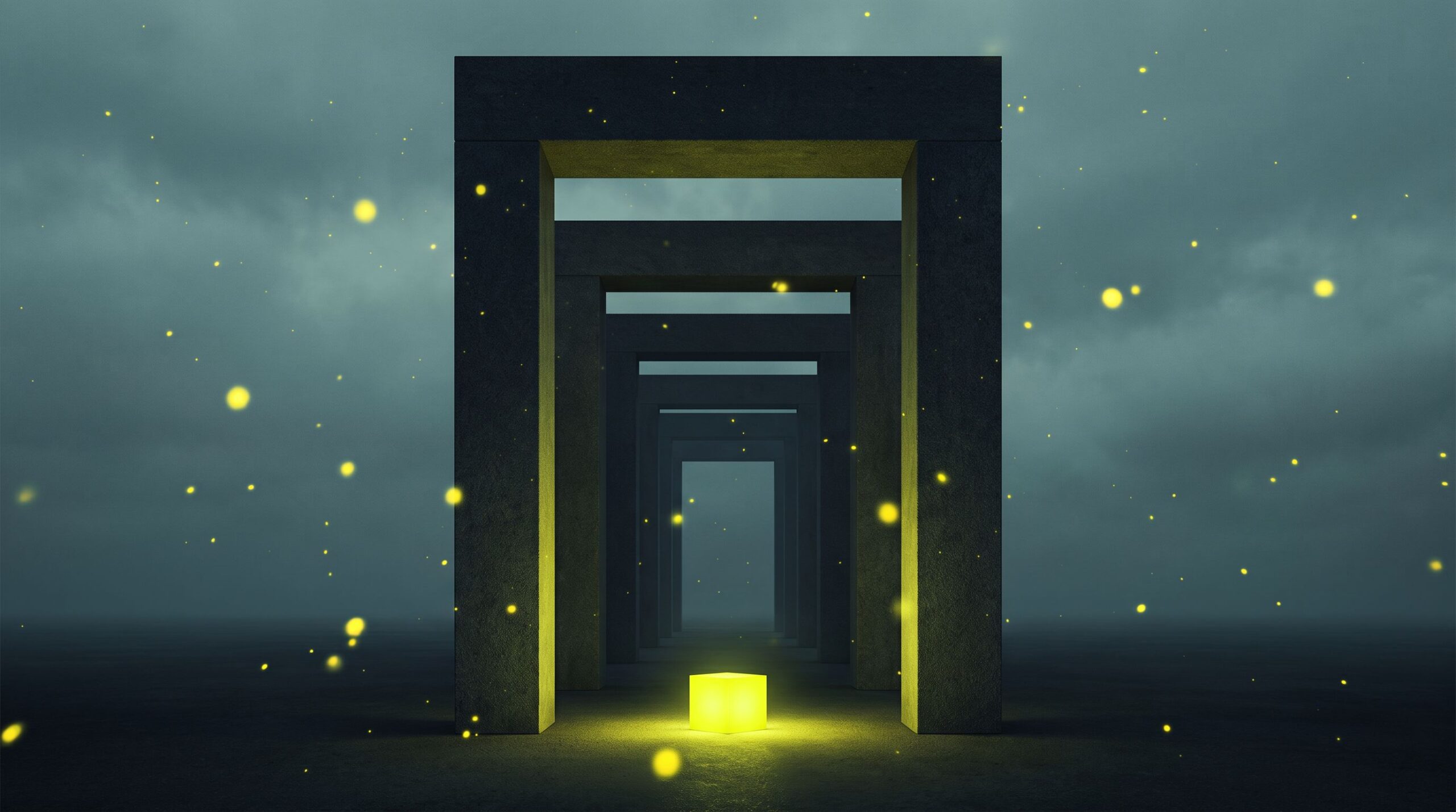 A glowing chartreuse cube waits before seven receding stone gateways under a slate sky, a metaphor for a product users love facing the organisation's approval gates