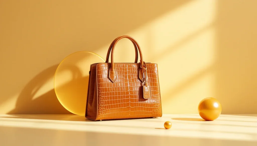 Luxury leather handbag with amber translucent disc graphic overlay, editorial still life representing scarcity architecture in luxury brand strategy