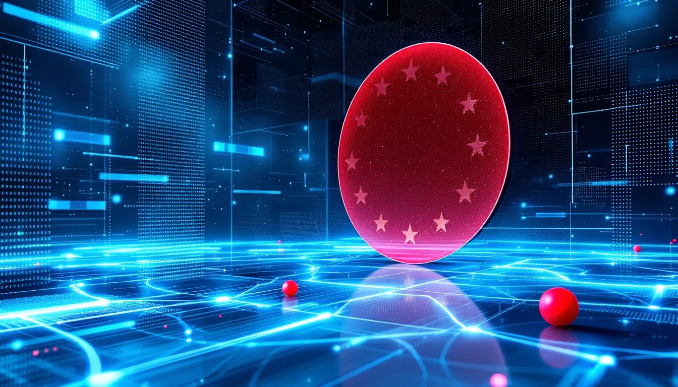 EU AI Act August 2026 compliance deadline: regulatory governance visual with European digital governance motif and red brand disc