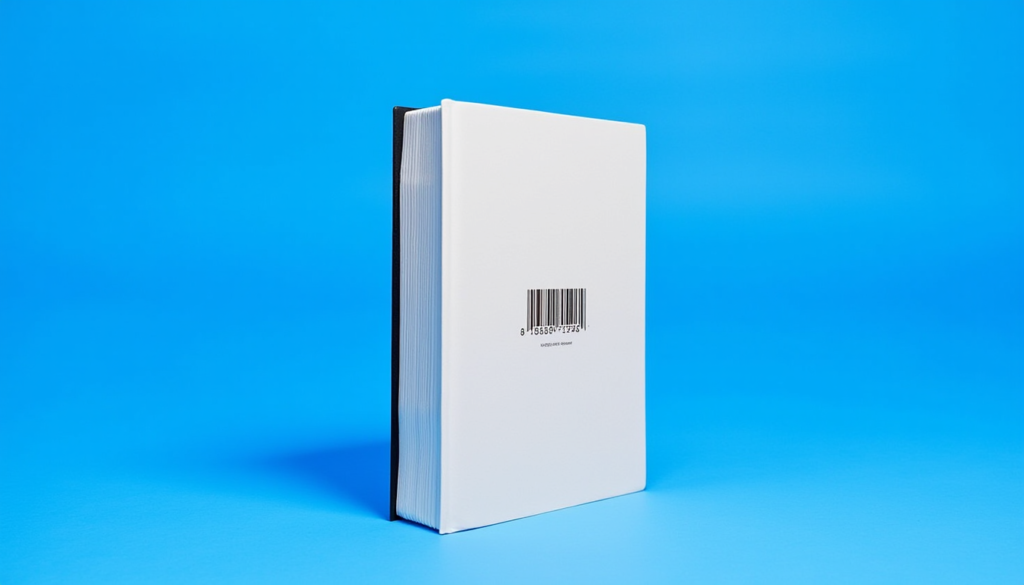 Cut-out ledger book with a barcode on its cover, on a flat cobalt background