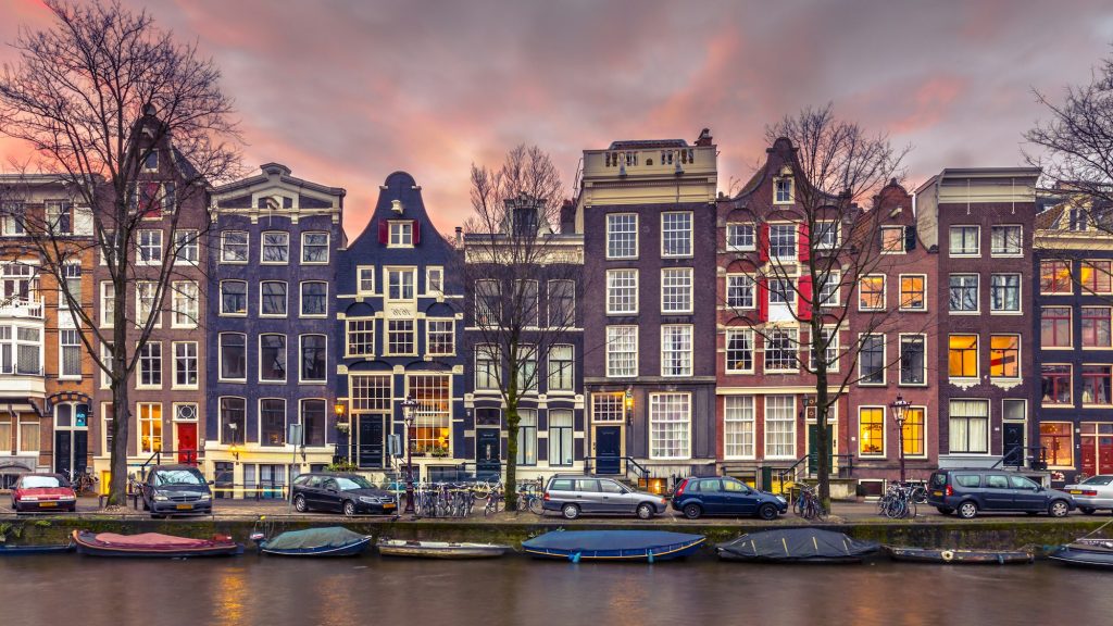 Canal houses on the Brouwersgracht in Amsterdam in vintage tonin
