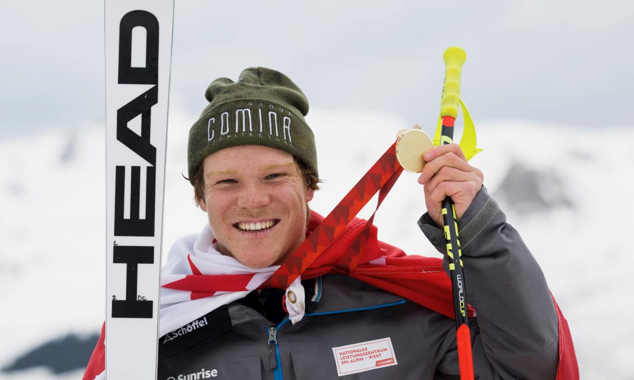 Joie de Denis Corthay (SUI), apres son sacre en Super-G des championnats suisse de ski alpin , le jeudi 30 mars 2023, a Verbier dans la commune du Val de Bagnes (Bastien Gallay / GallayPhoto)