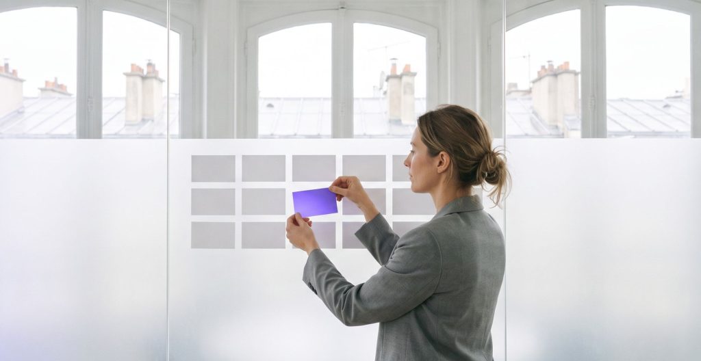 Marketing manager swapping one card in a grid of tools in a bright Paris office