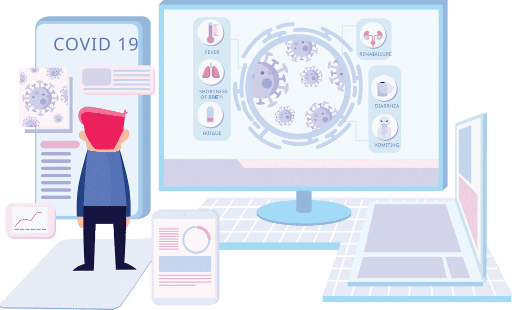 Illustration of COVID-19 symptoms on multiple screens.
