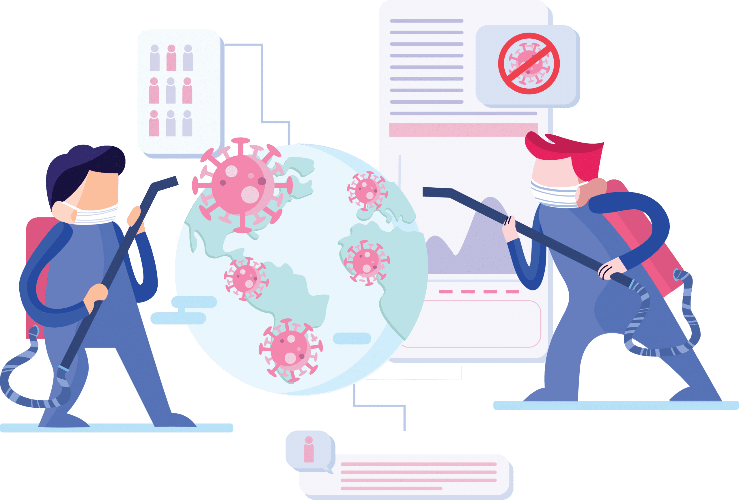 Illustration of virus prevention effort on globe map.