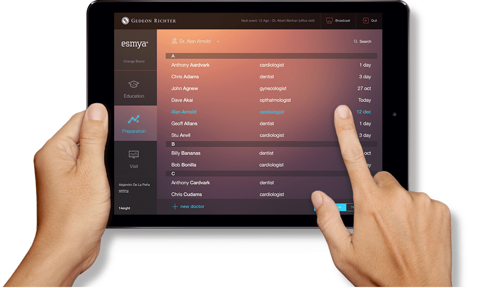 Tablette montrant des rendez-vous médicaux et une liste de médecins.
