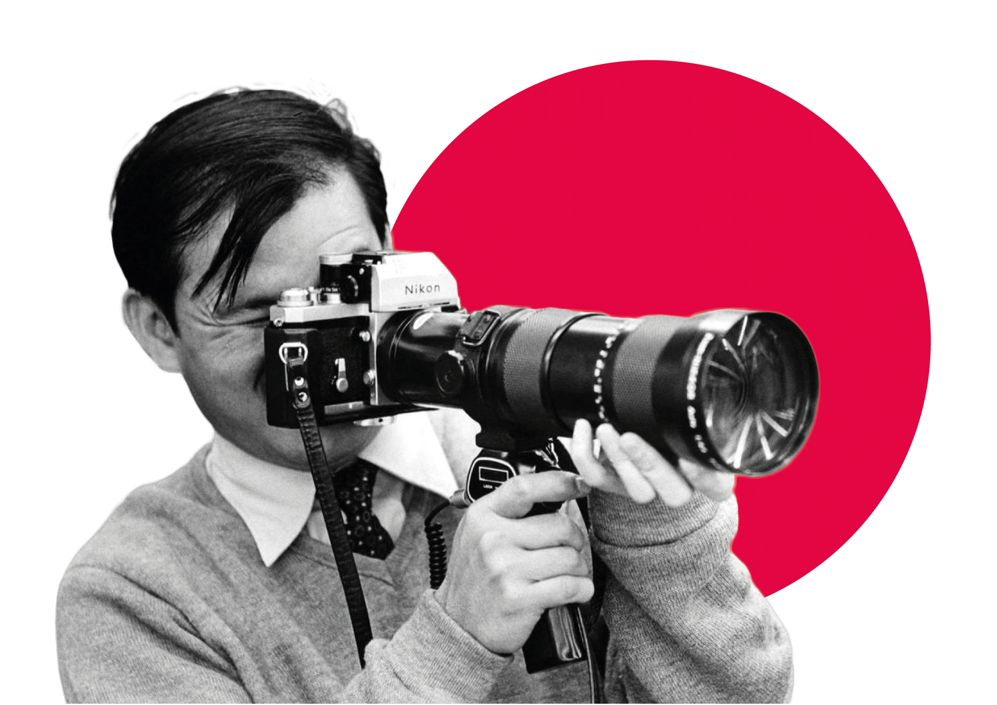 Photographer using Nikon camera, red circle background.