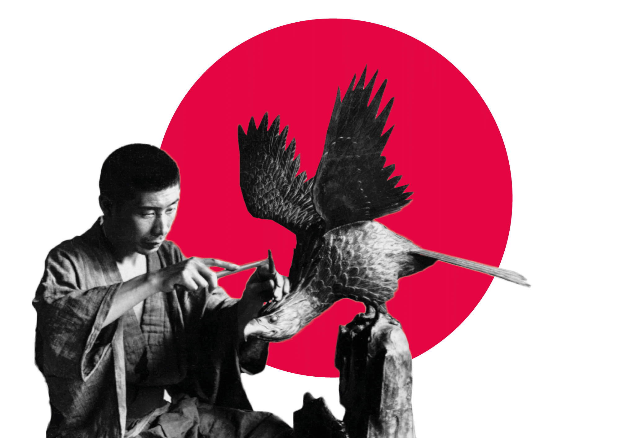 Japanese artisan crafting bird sculpture, red circle background.