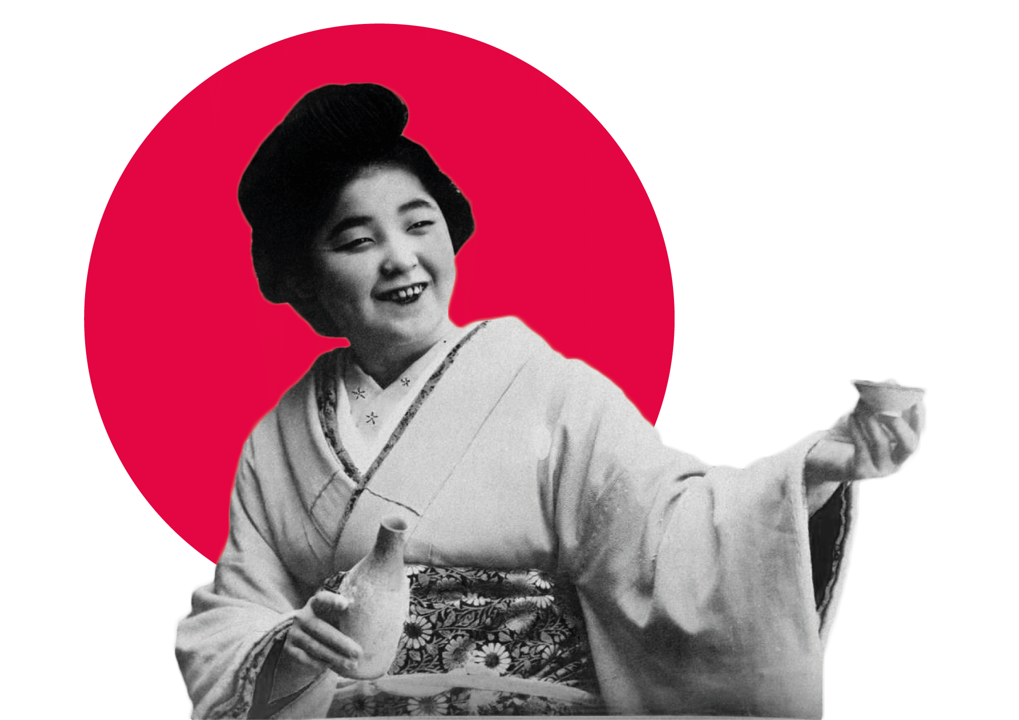 Smiling woman in kimono with sake, red circle background.