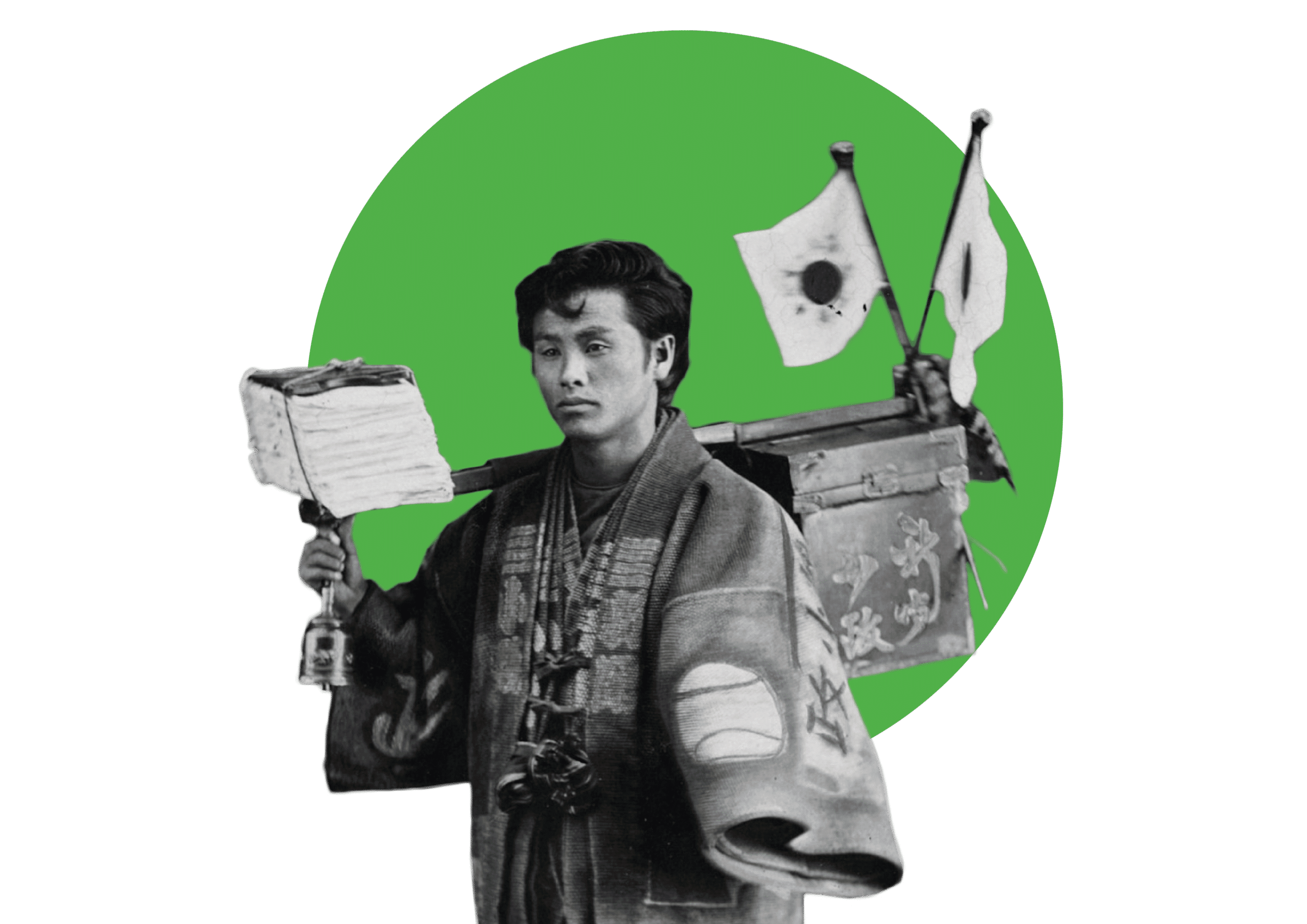 Historically dressed Japanese man with flags, monochrome image.
