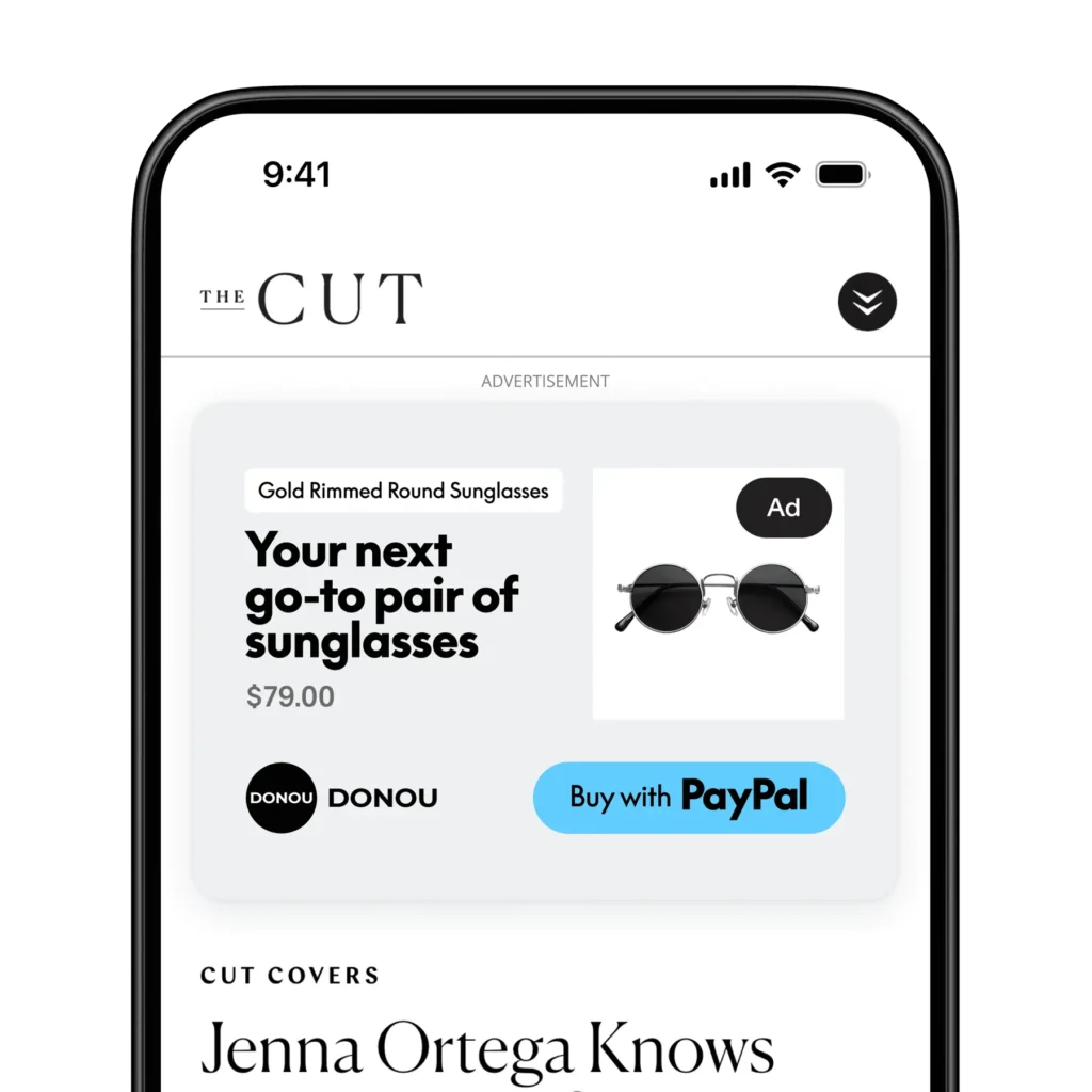 Anzeige für runde Sonnenbrille mit Goldrand, $79