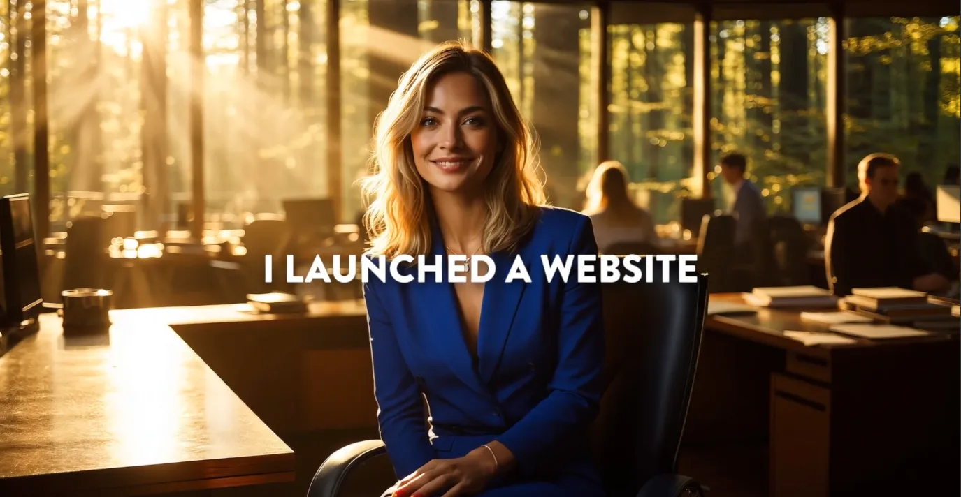 Lächelnde Frau kündigt in sonnigem Büro den Start einer Website an.